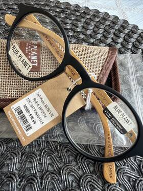 Bp2034 Blue Planet Rowyn 1.25 Reading Glasses Black Wooden Temples Flex Nwt