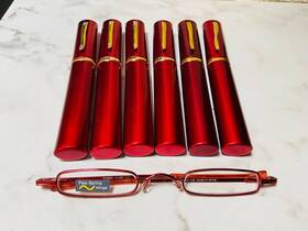 R386 Cs Lot Of Six 6 Red Ultra Slim Reading Glasses And Tube Case Flex Temples 3.00
