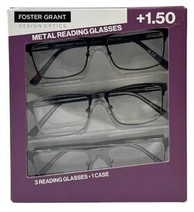 1504992 Design Optics Foster Grant E Full Rim Metal Reading Glasses 1.50 Strength With Pouch Pack Of 3