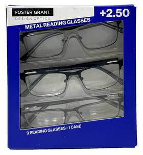 1504998 Design Optics Foster Grant E Full Rim Metal Reading Glasses 2.50 Strength - Pack Of 3
