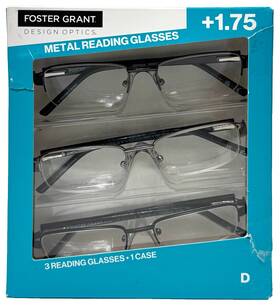 1618387 Design Optics Foster Grant D Half Rim Metal Reading Glasses 1.75 Strength With Pouch Pack Of 3