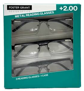 1618391 Design Optics Foster Grant D Half Rim Metal Reading Glasses 2.00 Strength With Pouch Pack Of 3