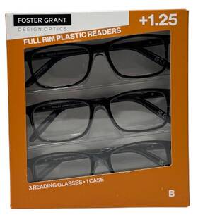 1618406 Design Optics Foster Grant B Full Rim Classic Reading Glasses 1.25 Strength With Pouch 3 Pack