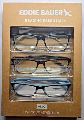 Eddie Bauer 888989471666 Designer Reading Glasses 3 Pack Readers 3.00 Black Brown Blue New