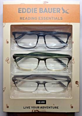 Eddie Bauer 888989498984 Designer Reading Glasses 3 Pack Readers 2.00 Black Grey Green New