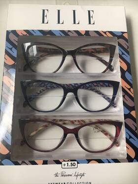 Elle 888989185679 3 Pack Gift Box Womens Reading Glasses Tortoise Blue Pink Crystal Red 1.50