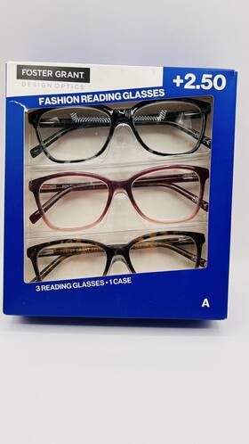 1408234 Foster Grant Design Optics By Kiersey Plastic Square Reading Glasses 3-pk 2.50