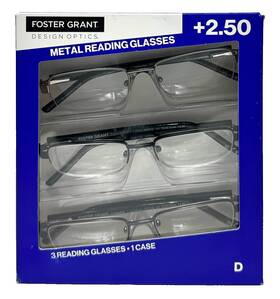 1618389 Foster Grant D Half Rim Metal Reading Glasses 2.50 Strength - Pack Of 3