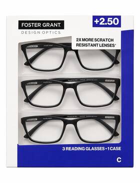 Foster Grant 1908288 Design Optics Rectangle 2.50 Reading Glasses 3-pack Case Black