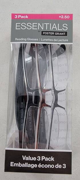 5013404-250 Foster Grant Essentials 2.50 Value 3-pack Reading Glasses Scratch Resistant Coating Sealed