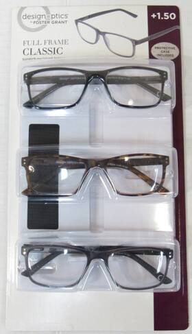 743058 Foster Grant Design Optics By Full Frame Classic Reading Glasses- 3 Pack 1.50