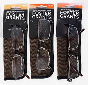 992641 Foster Grant 3 Pairs Of 2.50 Bronze Metal Rim Reading Glasses With Cases - New