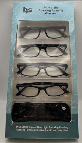 640-3000-0100 Health Smart Blue Light Blocking Reading Glasses 5 Pack 2.0 Magnification