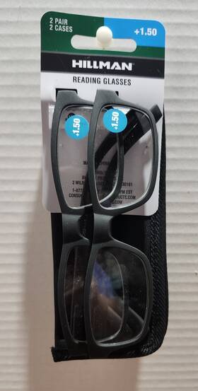 1he-86040 Hillman Reading Glasses 2 Pair 1.50 Strength Black Frame Clear Lens