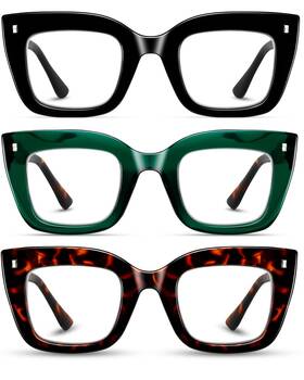 Hubeye L1042-3p2-1.5 3 Pack Oprah Style Reading Glasses Oversized Readers Blue Light Blocking Comp