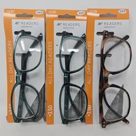 M Readers 803926481591 Lot Of 3 Innovation 2.50 Reading Glasses With Case Multi-color Frames New
