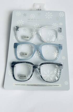 Max Studio 802807357789 New 3 Pair Reading Glasses 3.00 Aspheric Lenses Grey Blue Clear