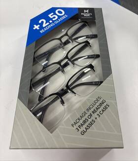 Members Mark 193968329266 3 Pack Mens Semi-rimless Metal 2.50 Reading Glasses And Soft Cases