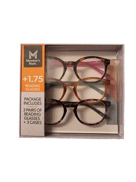 C102 Members Mark 193968529857 1.75 Adult Includes 3 Pair Reading Glasses Cases Style New