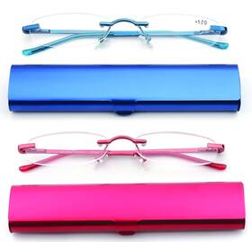 Rl807-rd Newbee Fashion Reading Glasses Rl807-rd&bl-2pk 2.00 New Best Pack Compact Rimless In Light Weight Tube Aluminum Case
