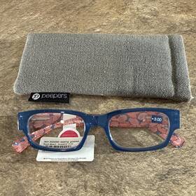 Peepers 070747242490 South Beach Reading Glasses 3.00 Blue Pink Umbrella Pattern Nwt With Case