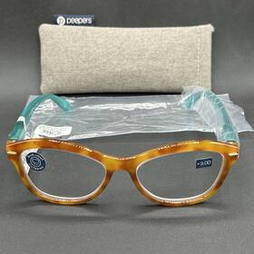 8633-010625-17.95 Peepers Monterey Bay 3.0 Readers Honey And Aqua Nwt With Pouch Blue Light