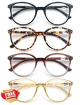 Modfans 4PK Women's Round Reading Glasses With Spring Hinges And Pouches. Fixed Price $27.99.