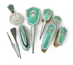 Foster & Bailey Sterling Silver Guilloche Enamel Vanity Or Dresser Set. Fixed Price $1950.00.