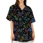 Cute Neon Cat Hawaiian Shirt Cosmic Kawaii Witchy Aloha Button Down Women. Fixed Price $25.99.