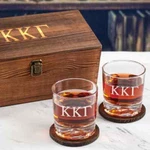 Kappa Gamma Custom Engraved Whiskey Glasses In Wood Gift Box. Fixed Price $69.99.