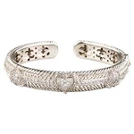Judith Ripka Sterling Silver Hinged Cuff Bracelet W/ Cubic Zirconia Hearts. Fixed Price $400.00.