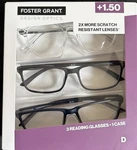 Foster Grant 815 Classic Plastic Square Reading Glasses 3 Pack +1.50 Plus Case. Fixed Price $19.00.