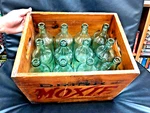Rare Dovetailed Antique Wood Moxie Case W/ 12 Matching Aqua 26 Oz. Bottles. Fixed Price $340.00.