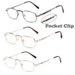 Retro Square Metal Frame Pocket Clip Clear Lens Reading Glasses Spring Hinges. Fixed Price $22.99.