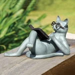 Cute Literary Cat Lying On Its Back With Glasses Enjoys Reading Novel Sculpture. Fixed Price $253.00.