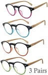 3 Pairs Round Colorful Full Clear Lens Reading Glasses Faux Wood Spring Temples. Fixed Price $23.99.