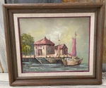 Vintage Mid Century Harbor Oil Painting Signed Morgan Pink Sails 23X26 Framed. Fixed Price $100.00.