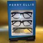 Perry Ellis +2.50 Premium Mens Reading Glasses 3 Pack Dark Blue, Clear, Black. Fixed Price $25.95.