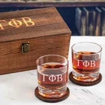 Gamma Phi Beta Custom Engraved Whiskey Glasses In Wood Gift Box. Fixed Price $69.99.